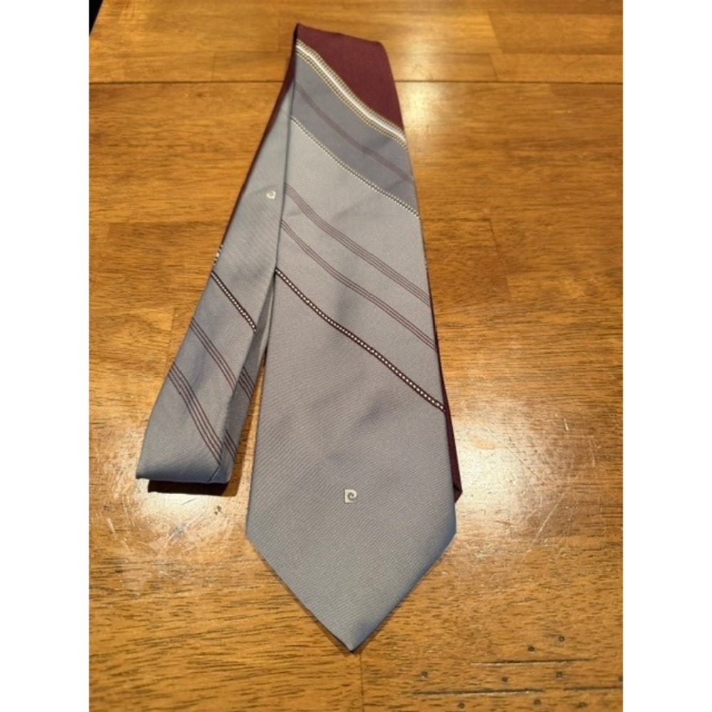 Pierre Cardin Paris New York Vintage Necktie Grey Burgundy Diagonal Striped Mens